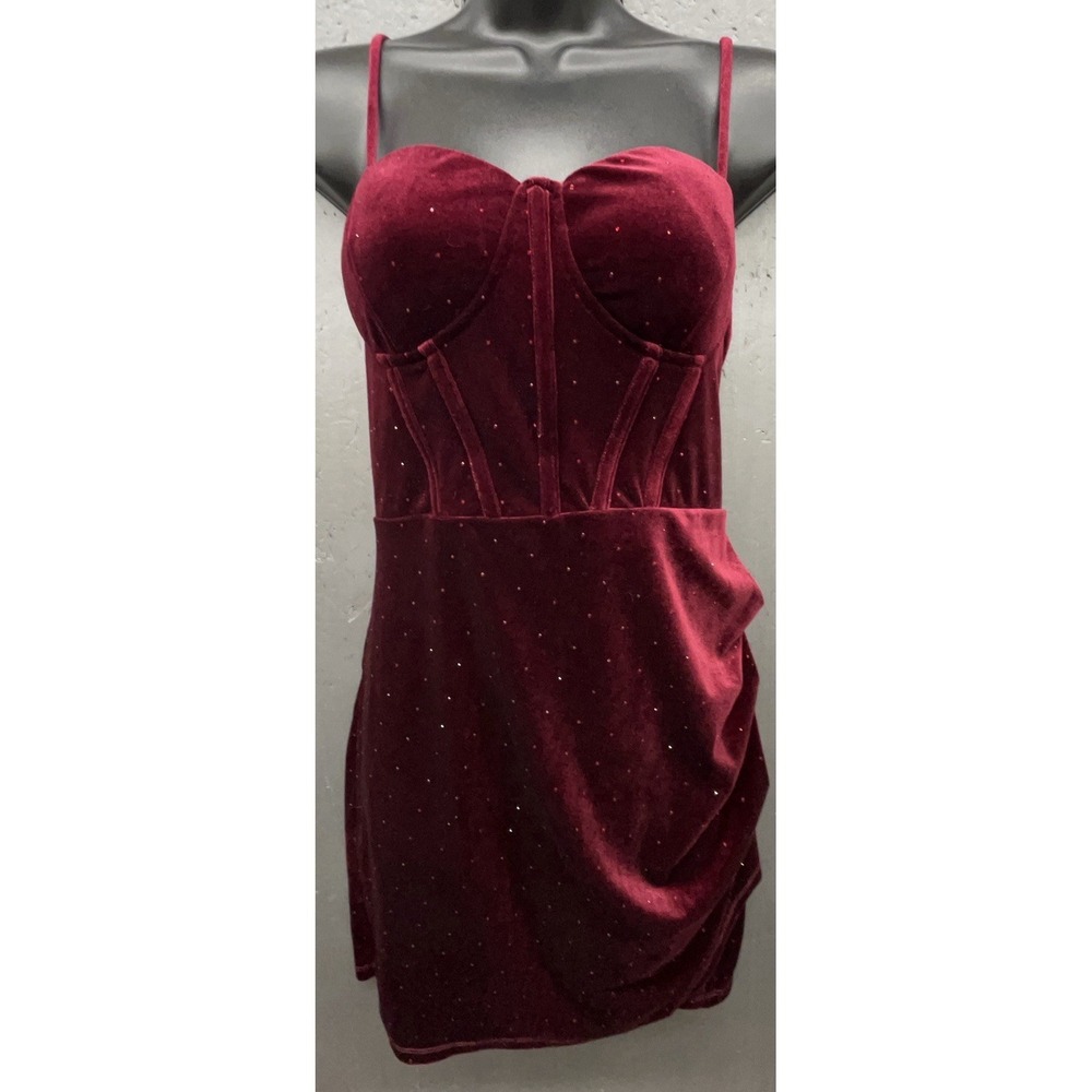 Velvet Mini Dress M Red Wine Bustier Rhinestones Ruched Dark Fairy Grunge Party‎